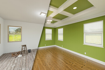 Bold Green Before and After of Master Bedroom Showing The Unfinished and Renovation State Complete with Coffered Ceilings and Molding. - obrazy, fototapety, plakaty