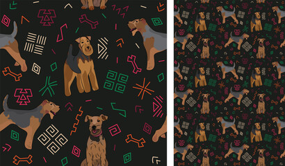 Abstract ethnic pattern with Welsh terrier, black background, juneteenth seamless pattern with hand-drawn lines and colorful shapes in traditional African style. Summer seamless pattern with dogs.