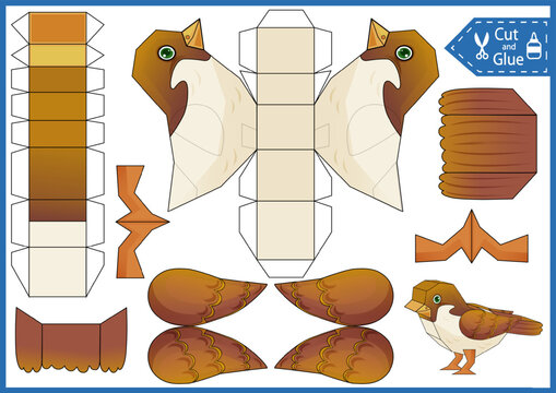 Kids craft game. Cut and glue paper 3d cute cartoon bird sparrow. Printable Activity education page papercraft template. DIY animal birthday décor.