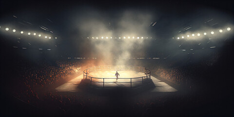 boxing ring in stadium illuminated by lights