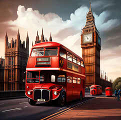 Fototapeta na wymiar Ai Generated, Big Ben, Westminster Bridge and red double decker bus in London, England, United Kingdom.