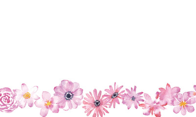 Fototapeta na wymiar Watercolor spring petal frame. Pink hand painted background. Watercolor decorative frame of plants.