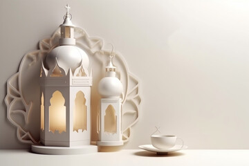 Fototapeta na wymiar Lantern in white background, ramadan mubarak backgroun, eid mubarak background, white lantern, generative ai,