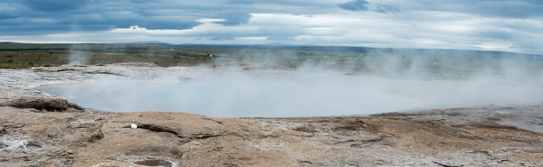 Panoramic view of Geysir, active geyser in Iceland