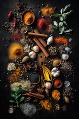 Different varieties of spices over dark background. Generative AI vertical shot