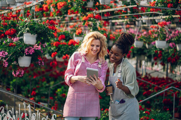 Multiracial female gardeners working in a greenhouse using tablet
