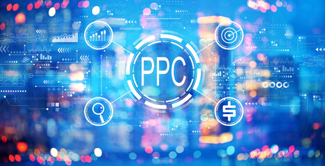PPC - Pay per click concept with blurred city lights at night