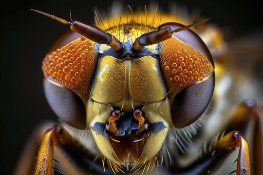 Super macro close up shot of bee eyes. Generative AI shot