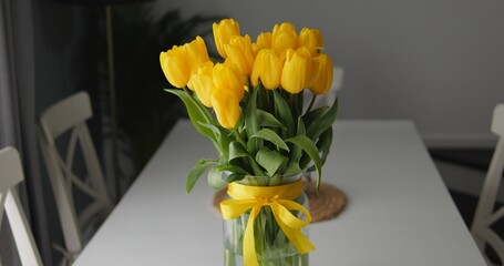 Bunch bright intense yellow tulips glass vase decorated band and bow. Spring vibes and emotions in home atmosphere.