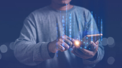 Digital software technology development concept, Programmer coding binary codes 1 and 0 to represent the digital data from smartphone, Artificial intelligence data transfer, Software development.