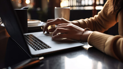 A close up of a person working remotely on their laptop at a cafe with a cup of coffee besides them.