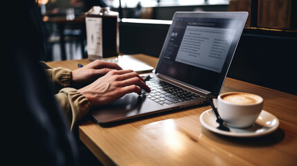 A close up of a person working remotely on their laptop at a cafe with a cup of coffee besides them.