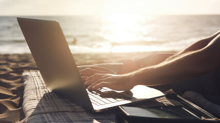 A close up of a person working remotely on their laptop at the beach during sunset.