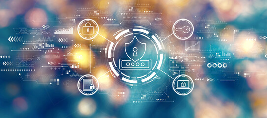 Cyber security theme with blurred city lights at night