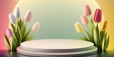 Empty podium mock up display, blank cosmetic ads stand product placement fashion ads on minimal color background, tulip flowers pedestal mockup scene platform ai generative promotion concept.
