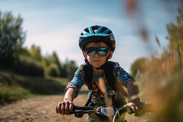Kid with Bike Adventure. Child riding a bike with a helmet in nature. Outdoor adventure concept. AI Generative