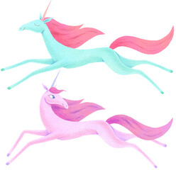 Unicorns clipart set. Flying and jumping unicorns isolated on transparent background