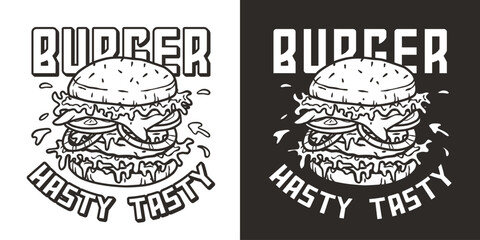 Obraz premium Burger with meat, cheese and vegetable for logo or emblem. American fast food or hamburger for poster. USA food with bun, lettuce, cheese, tomato, onion, cutlet for store