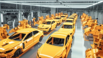 Automated robotics futuristic electric cars factory production line, generative ai