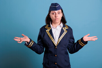 Portrait of confused flight attendant showing unsure gesture looking into camera. Pensive stewardess shrugging shoulders, making doubtful expressionin studio with blue background