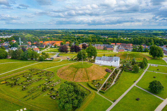 Panorama view of Jelling burial mounds in Denmark