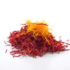 Saffron spice threads isotaled on white background, generative ai