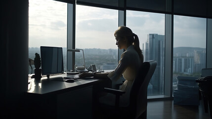 Modern Workspace. A panoramic view of a modern and sleek office space with a woman working. Productivity and business concept. AI Generative