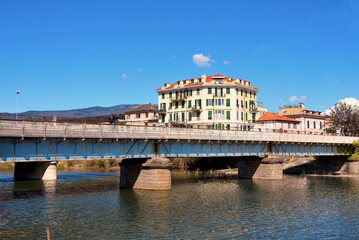Naklejka premium the bridge that crosses the mouth of the sansobbia torrent here is a natural oasis Albissola Marina Italy