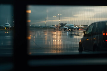 Airplane in airport at rainy day. delay. Weather-Proof Flights. Ensure safe and on-time flights even in bad weather conditions at the airport. Airplane and safety concept. AI Generative