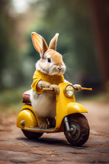 coelho fofo andando de moto fazendo entregas de páscoa 