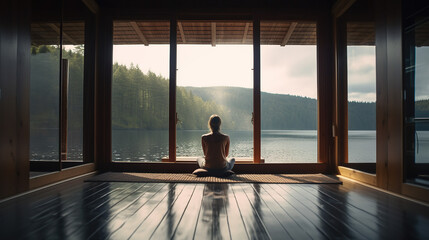 A peaceful scene of a woman meditating in a quiet room with breathtaking views to the lake. Yoga, De Rose, Wellness and mindfulness concept. AI Generative - obrazy, fototapety, plakaty