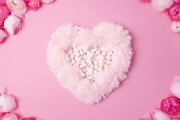 Conceito de dia da mulher. Foto de vista superior do círculo branco rosa peônia rosa e granulado em forma de coração isolado
