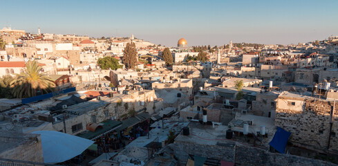 Jerusalem Old City panorama, top view, arab neighbourhood