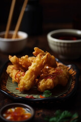 Golden Delight. A platter of crispy and golden vegetable tempura. Japanese cuisine and indulgence concept. AI Generative