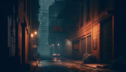 Dark street in cyberpunk city, image of gloomy road like watercolor style, generative AI.