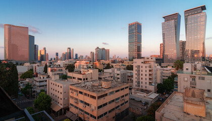 Tel Aviv sunset view: modern skyscrapers and dormitory area