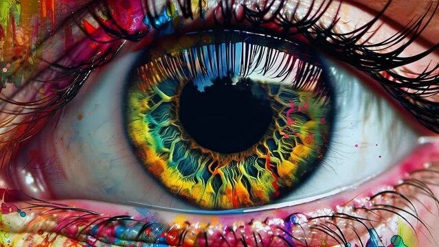 Human eye iris close-up, colorful photorealistic detailed painting, psychedelic art looped animation