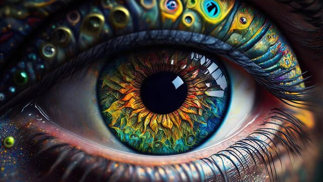 Human eye iris close-up, colorful photorealistic detailed painting, psychedelic art looped animation