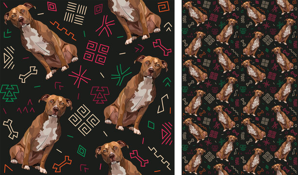Abstract ethnic pattern with Pitbull, black background, juneteenth seamless pattern with hand-drawn lines and colorful shapes in traditional African style. Summer seamless pattern with dogs. Bright