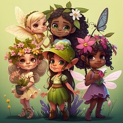 Spring's Delight: A Group of Cute and Diverse Fairies Rejoice in the Arrival of the New Season, Spreading Magic and Joy with Their Playful Antics