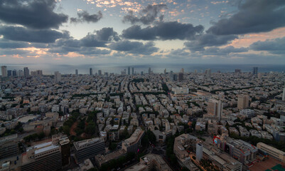 Tel Aviv evening view from above. Aerial panorama