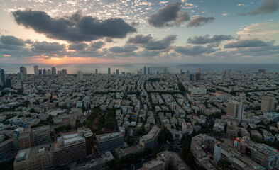 Tel Aviv sunset view from above. Aerial panorama