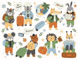 Animals tourists flat illustrations set. Cute fox, rabbit, mouse, sheep, raccoon and bear with suitcases