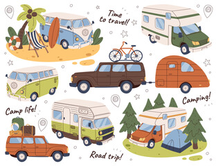 Camping cars flat illustrations set. Vans with suitcases, surfboard and bicycle. Camp near beach and forest