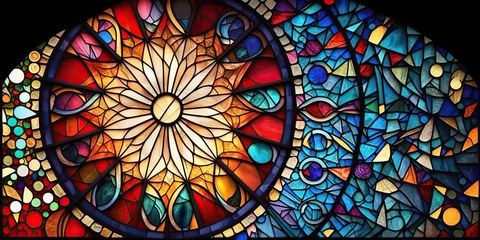 Papier Peint photo Coloré Intricate stained glass art with various shades of colorful glass pieces arranged in artistic pattern, concept of Religious Symbolism and Ornamental Design, created with Generative AI technology