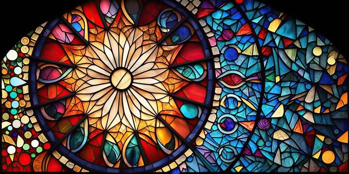 Intricate stained glass art with various shades of colorful glass pieces arranged in artistic pattern, concept of Religious Symbolism and Ornamental Design, created with Generative AI technology