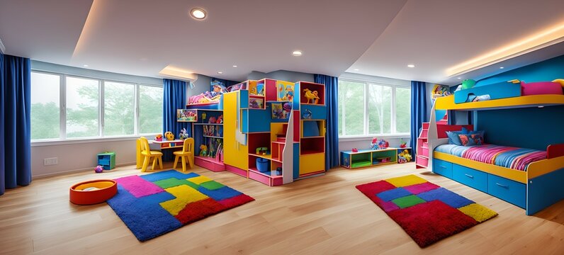 Photo of a cheerful and colorful children's bedroom with a practical bunk bed
