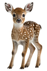 a spring-themed illustration photo featuring an isolated cute spotted baby deer fawn standing set on a transparent background in PNG. Generative AI