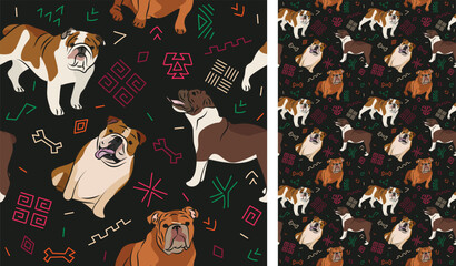 Abstract ethnic pattern with English Bulldog, black history month, juneteenth seamless pattern with hand-drawn lines and colorful shapes in traditional African style. Summer seamless pattern with dogs