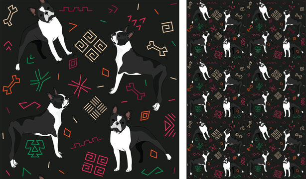 Abstract ethnic pattern with Boston terrier, black history month, juneteenth seamless pattern with hand-drawn lines and colorful shapes in traditional African style. Summer seamless pattern with dogs.